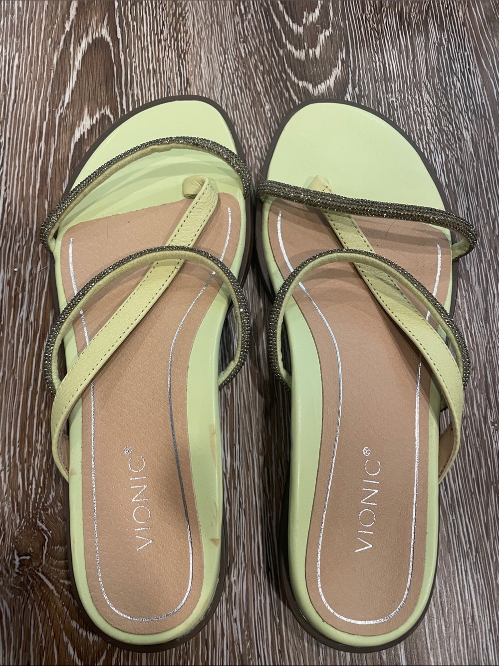 Vionic Lime Green Strappy Slide Sandals with Metallic Trim